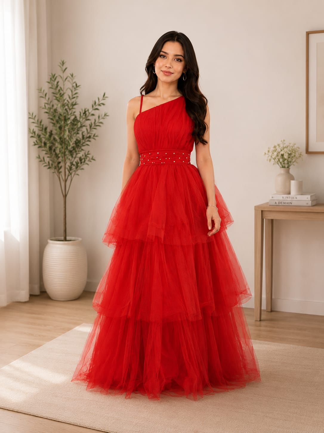 Elegantes Damen Abendkleid aus Tüll – Bodenlanges One-Shoulder Ballkleid