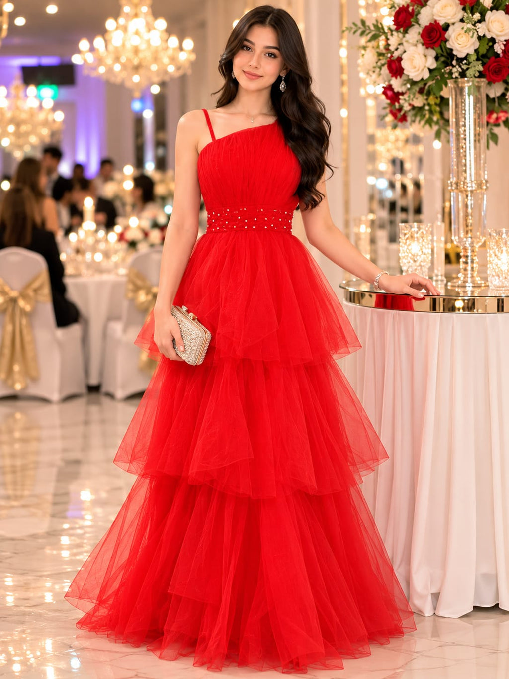 Elegantes Damen Abendkleid aus Tüll – Bodenlanges One-Shoulder Ballkleid