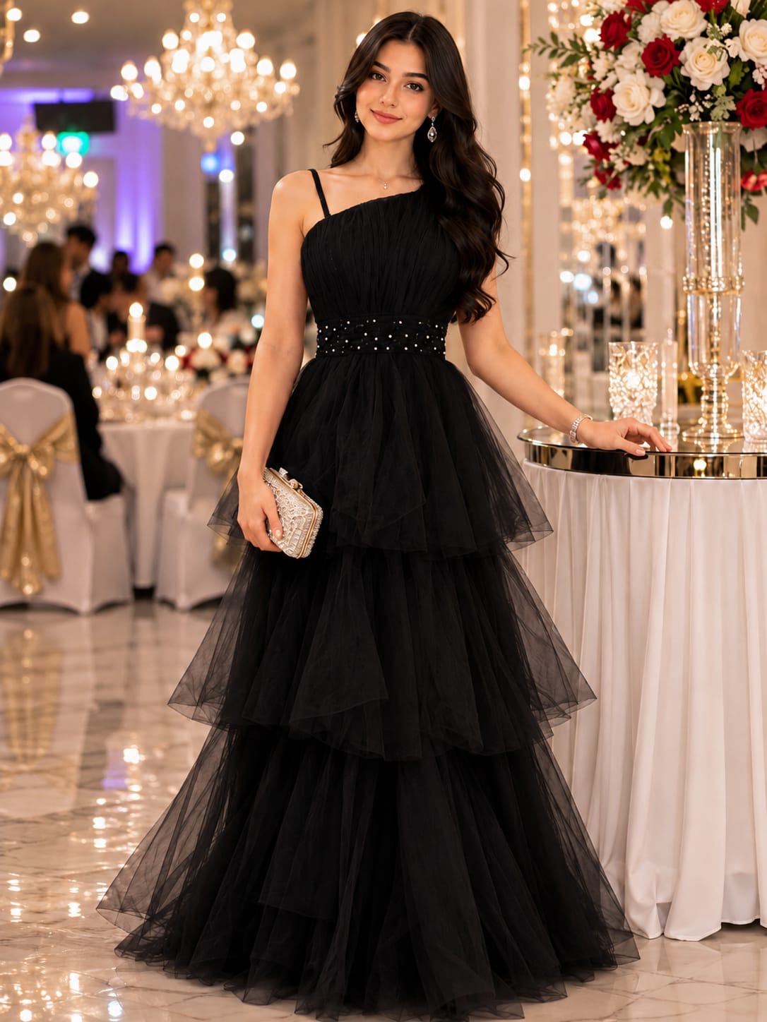 Elegantes Damen Abendkleid aus Tüll – Bodenlanges One-Shoulder Ballkleid