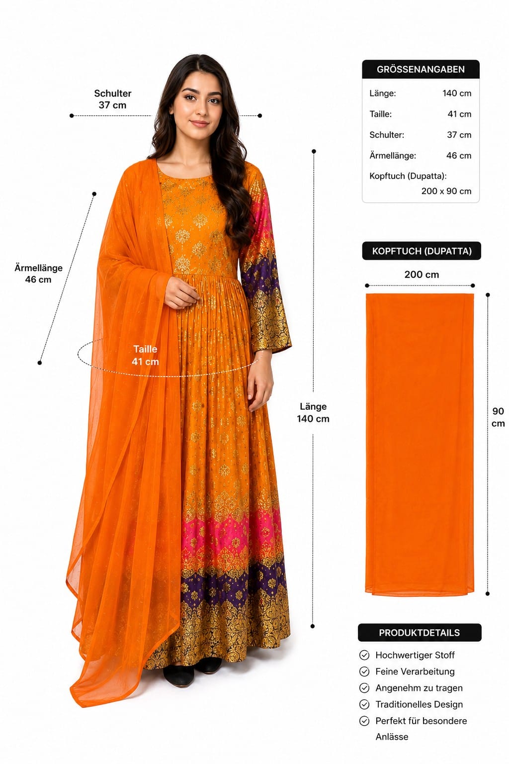 Traditionelles Afghanisches Damenkleid mit Dupatta – Elegantes Festkleid
