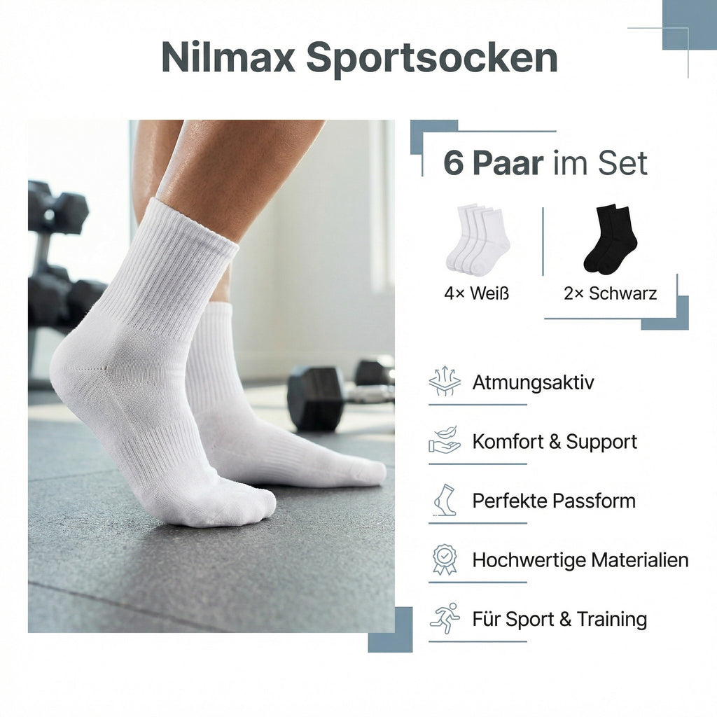 Nilmax Tennis Socken 6er Pack – Atmungsaktive Baumwollsocken für Sport & Alltag – Größe 38–42 – Damen & Herren