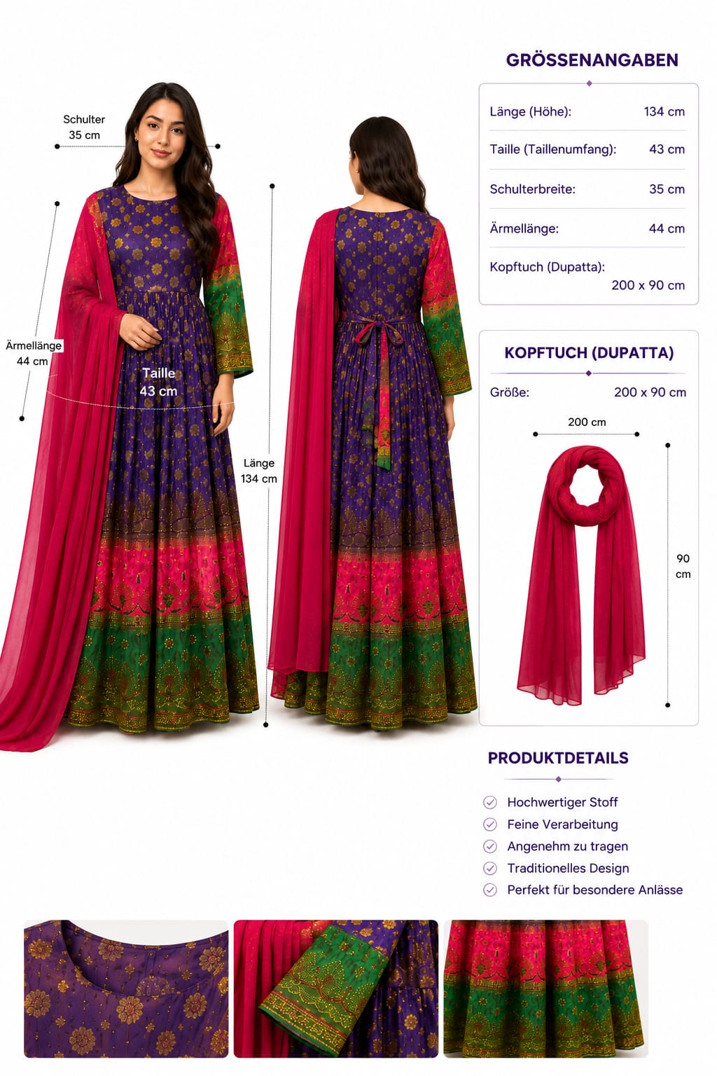 Traditionelles Afghanisches Damenkleid mit Dupatta – Elegantes Festkleid