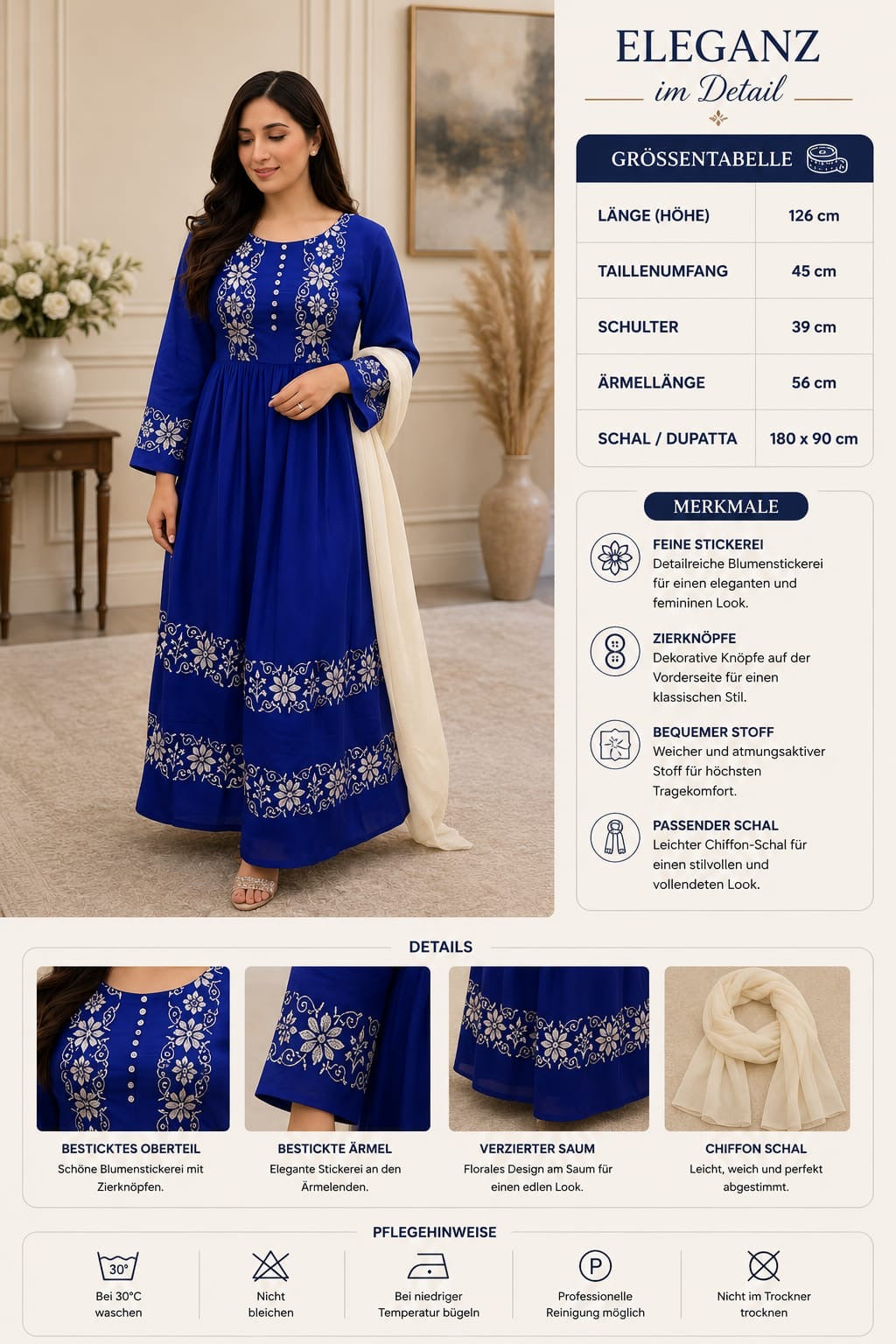 Afghanisches Khamak Kleid für Damen – Besticktes Maxi Kleid mit Chiffon-Schal, Elegante Khamak-Stickerei, Langarm