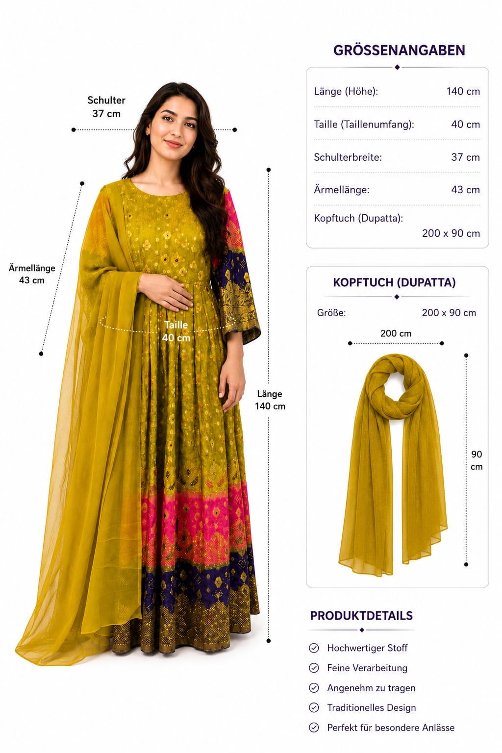 Traditionelles Afghanisches Damenkleid mit Dupatta – Elegantes Festkleid