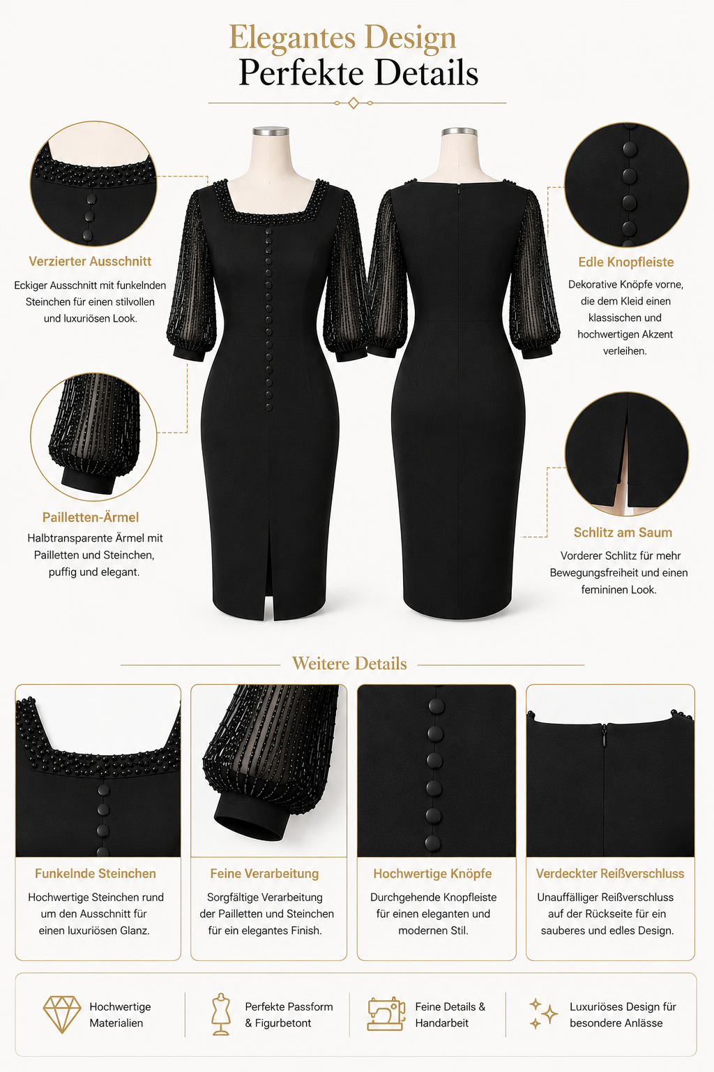 Elegantes schwarzes Midi-Etuikleid mit Perlenbesatz und transparenten Puffärmeln