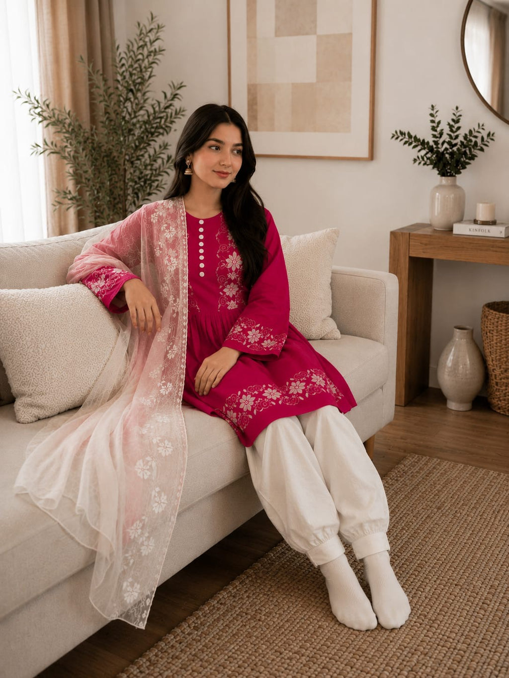 Traditionelles Khamaki-Kleid in Pink mit weißer Hose und weißem Schal