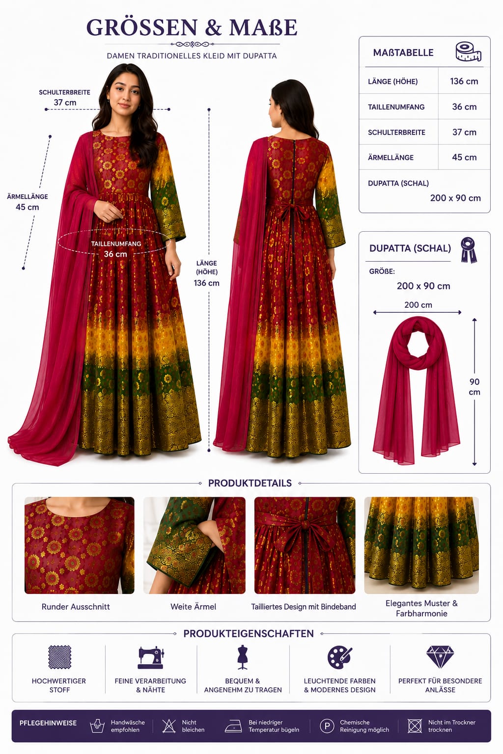 Traditionelles Afghanisches Damenkleid mit Dupatta – Elegantes Festkleid