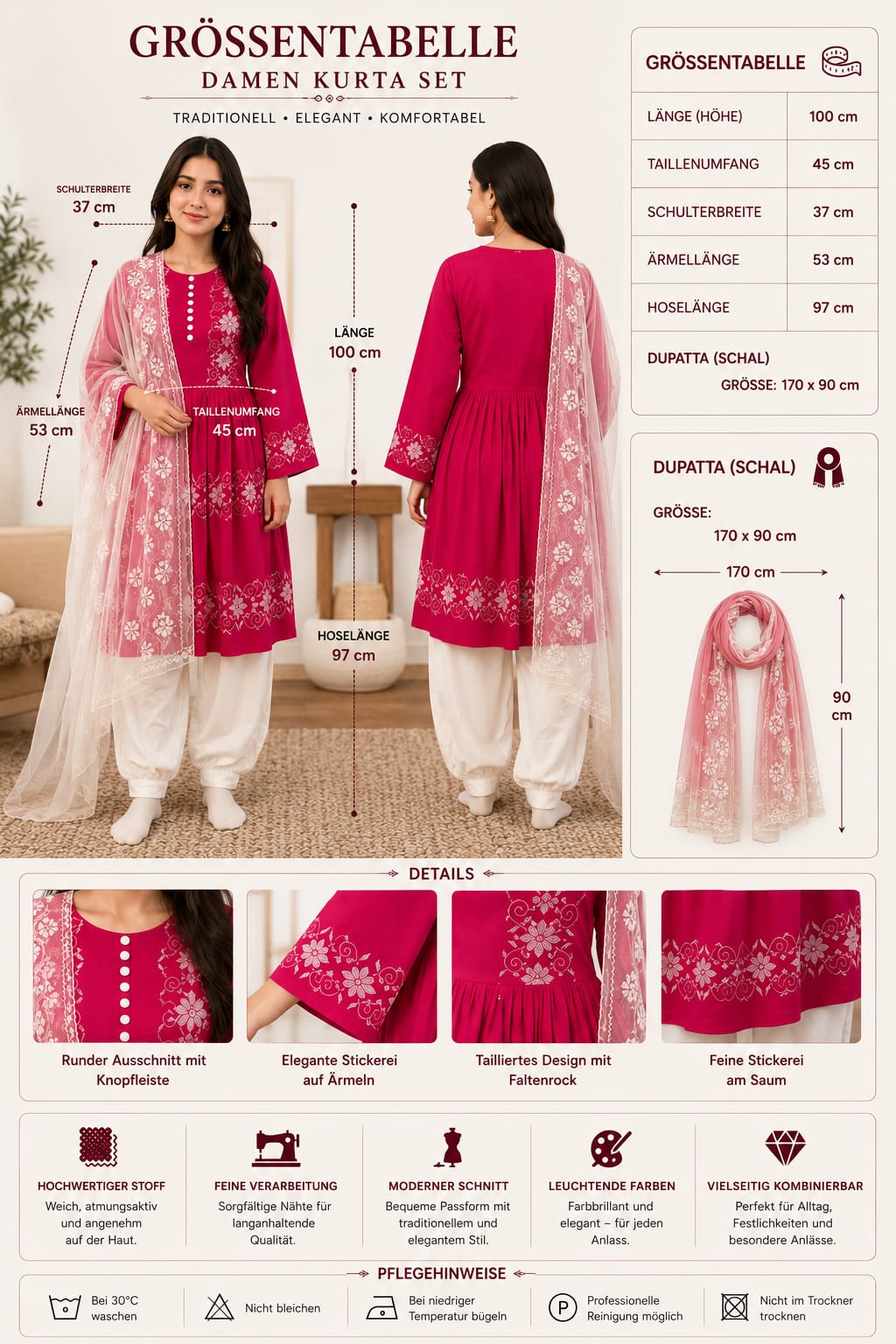 Traditionelles Khamaki-Kleid in Pink mit weißer Hose und weißem Schal