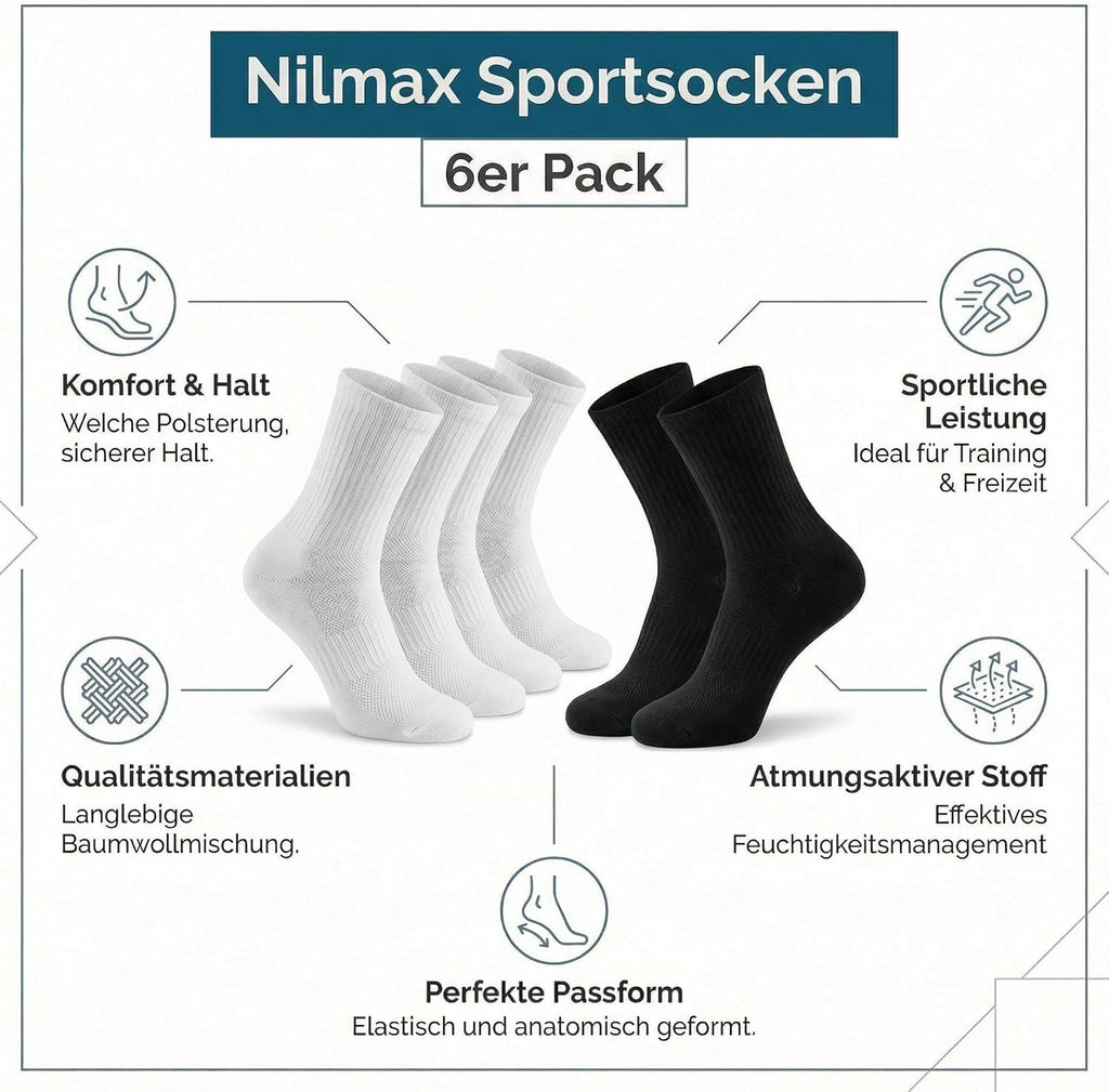 Nilmax Tennis Socken 6er Pack – Atmungsaktive Baumwollsocken für Sport & Alltag – Größe 38–42 – Damen & Herren