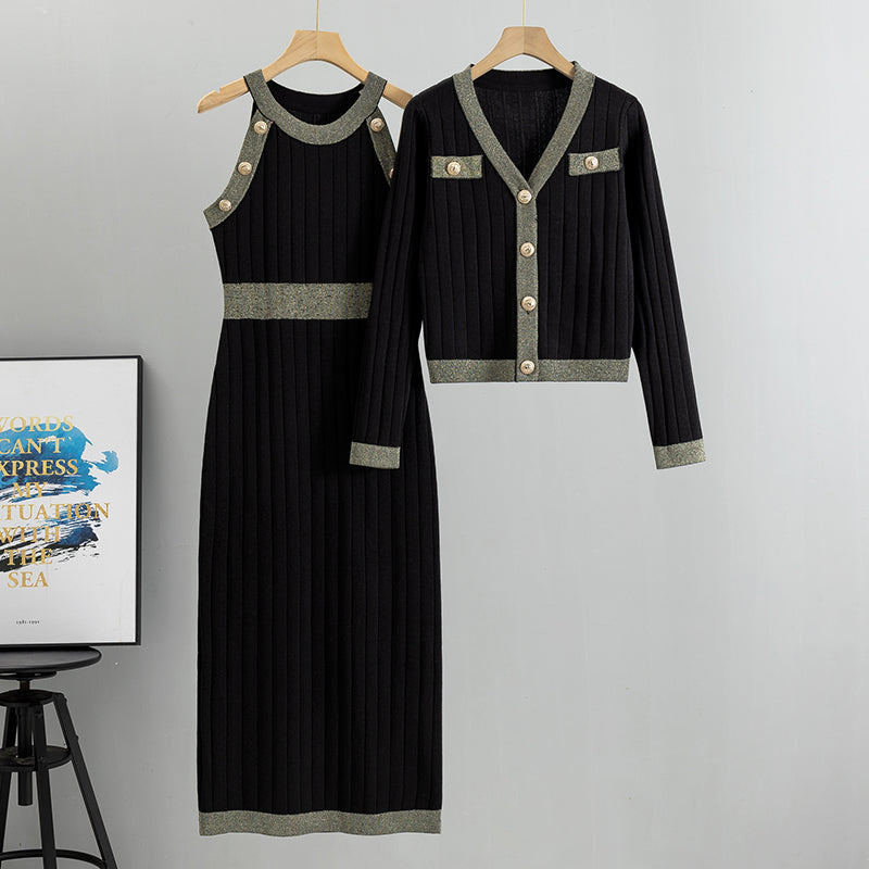 Damen-Strickset, 2-teilig – Kleid und Cardigan mit Kontrastdetails