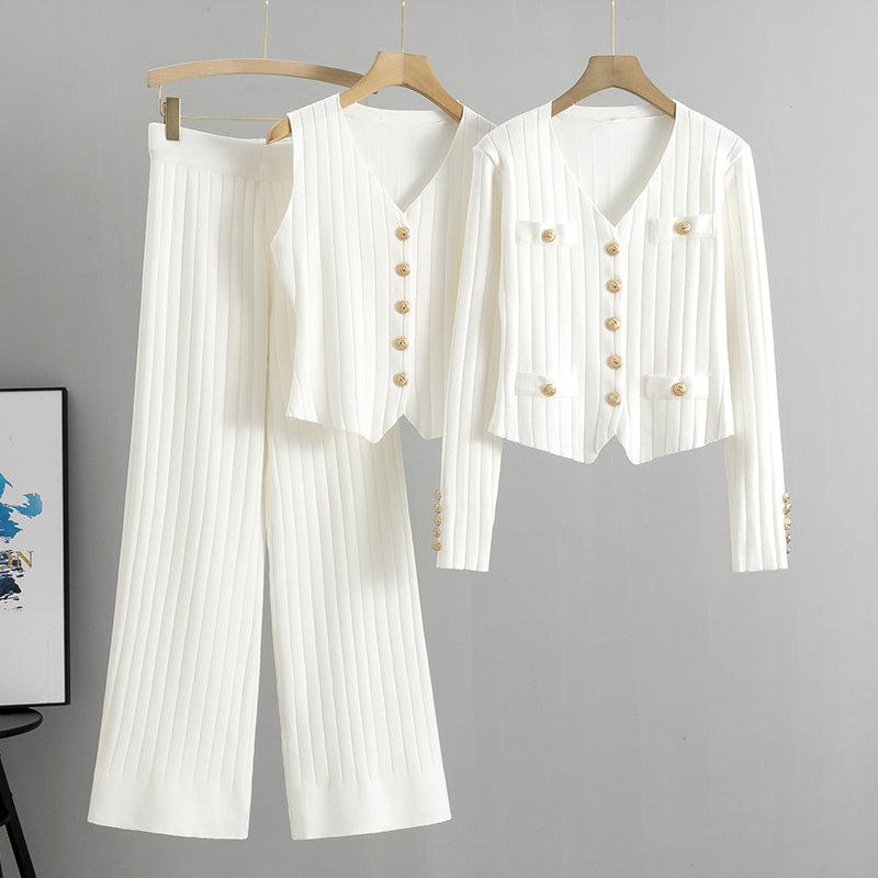 Damen Strickset, 3-teilig – Cardigan, Weste und Hose mit weitem Bein