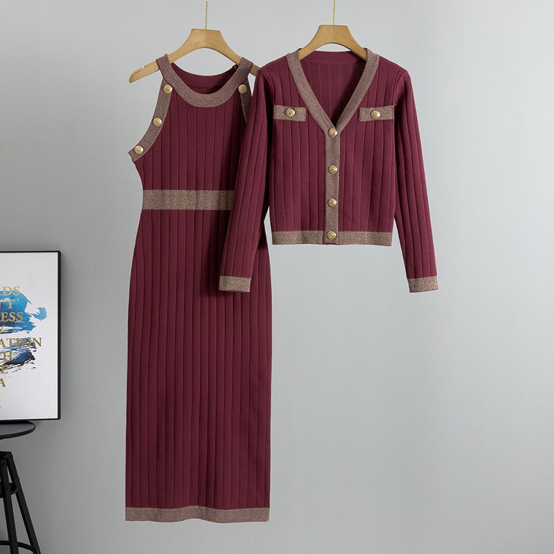 Damen-Strickset, 2-teilig – Kleid und Cardigan mit Kontrastdetails