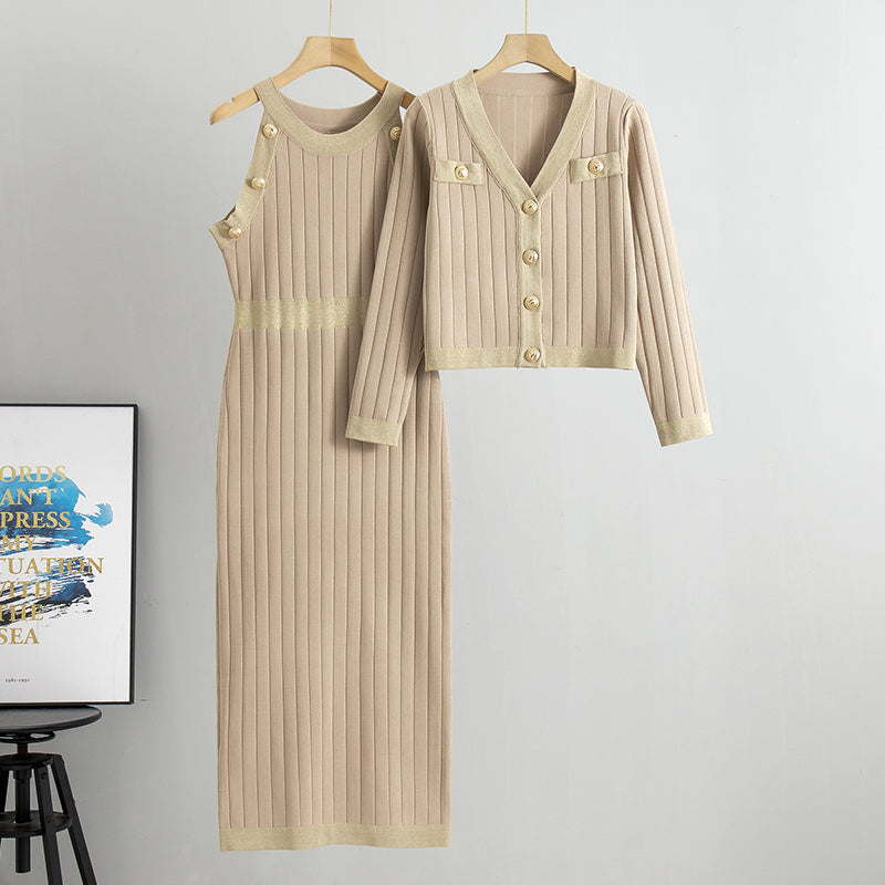 Damen-Strickset, 2-teilig – Kleid und Cardigan mit Kontrastdetails