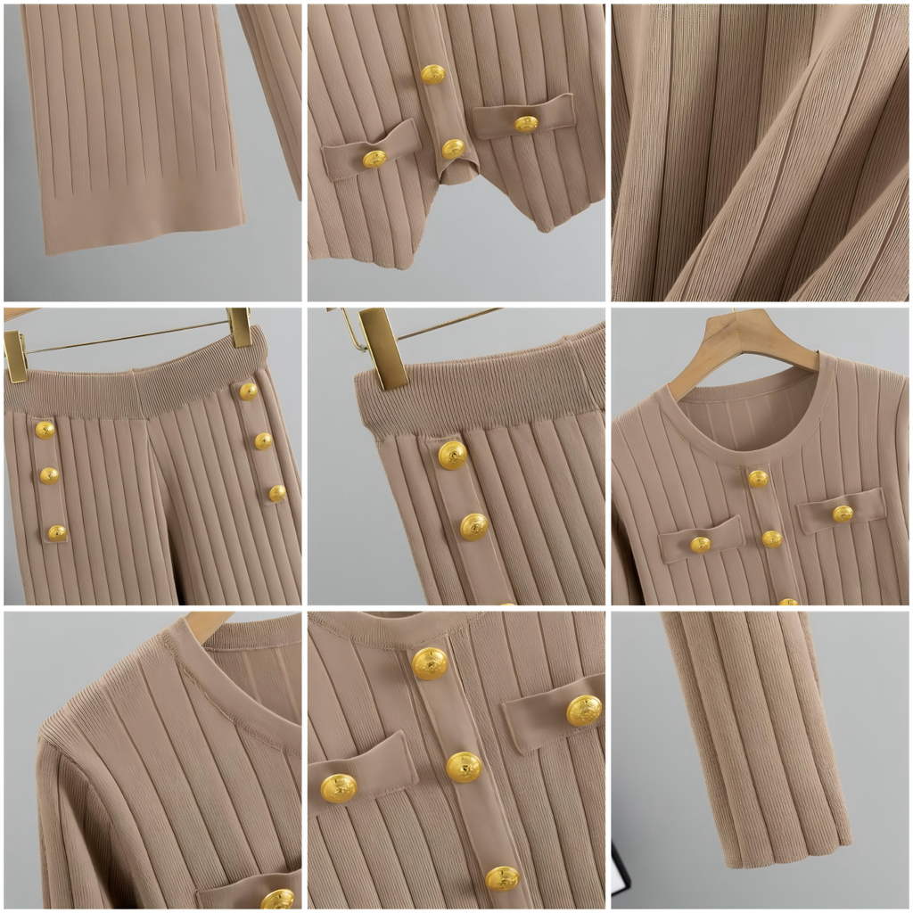 Damen Strickset, 3-teilig – Cardigan, Weste und Hose mit weitem Bein