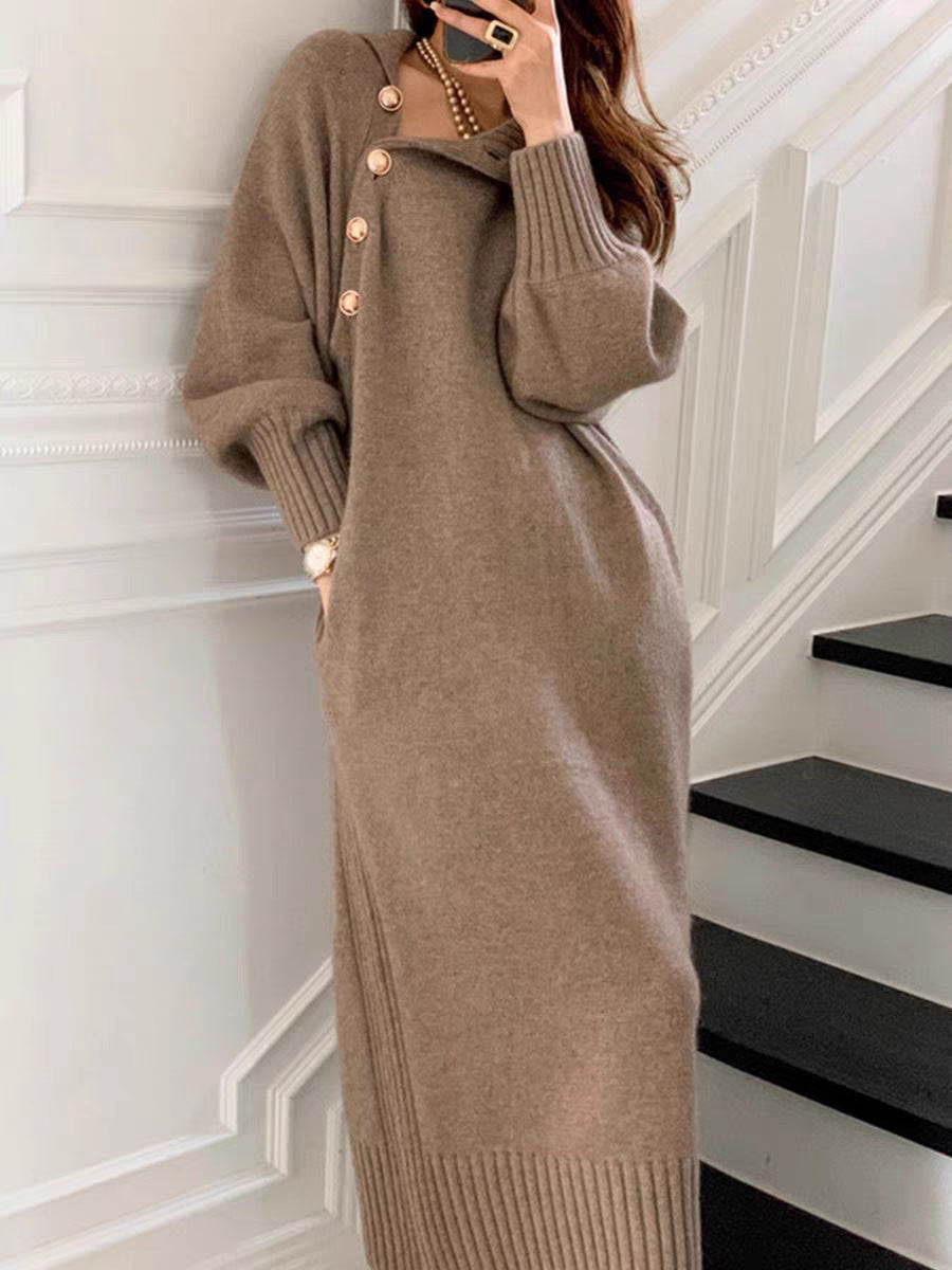 Damen-Strickkleid mit Stehkragen, Knöpfen und Bindegürtel