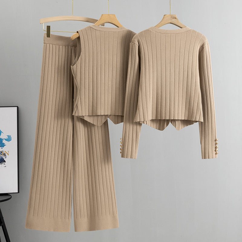 Damen Strickset, 3-teilig – Cardigan, Weste und Hose mit weitem Bein