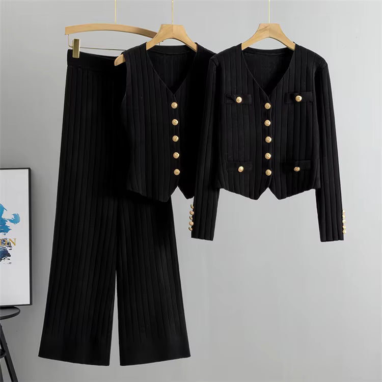 Damen Strickset, 3-teilig – Cardigan, Weste und Hose mit weitem Bein
