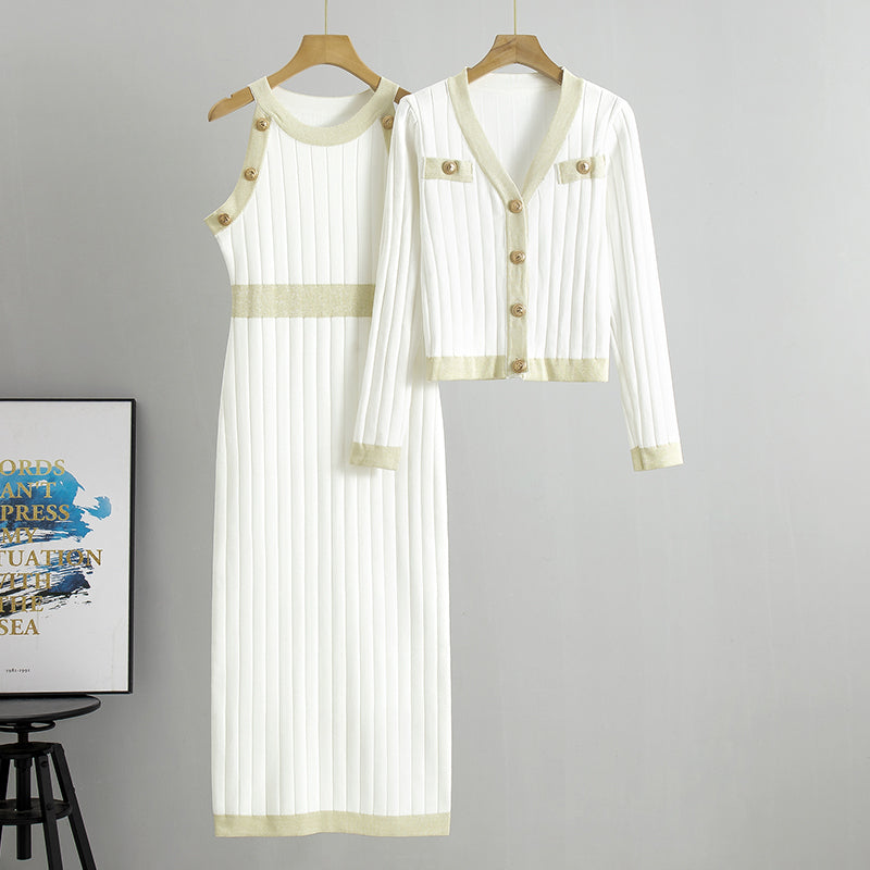 Damen-Strickset, 2-teilig – Kleid und Cardigan mit Kontrastdetails