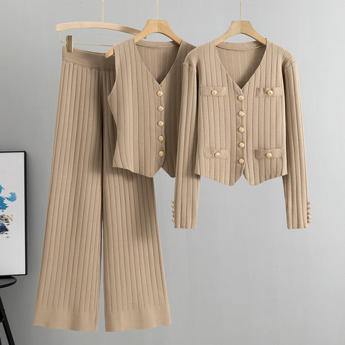 Damen Strickset, 3-teilig – Cardigan, Weste und Hose mit weitem Bein