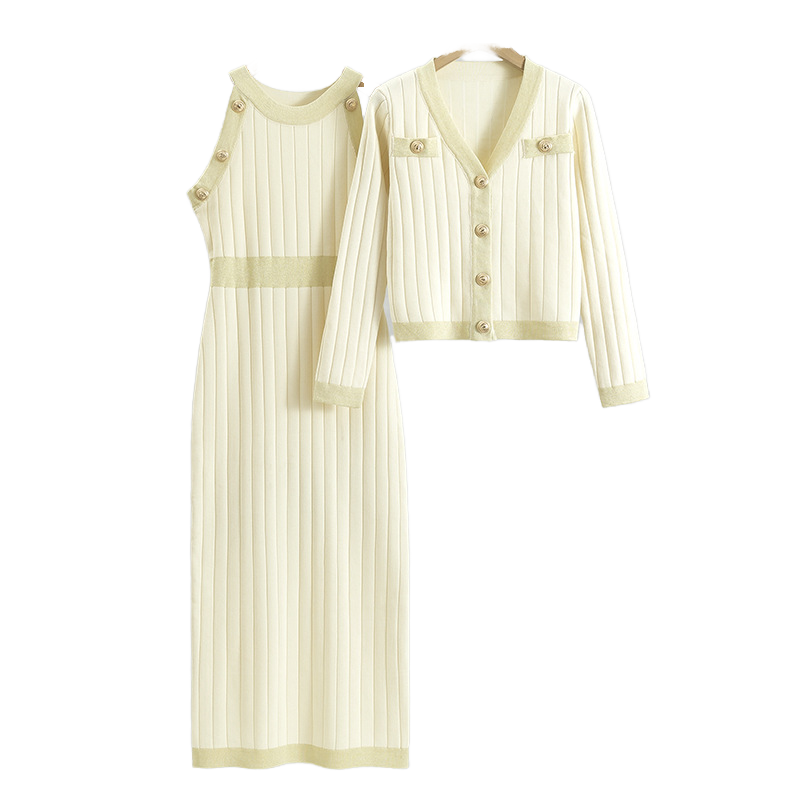 Damen-Strickset, 2-teilig – Kleid und Cardigan mit Kontrastdetails