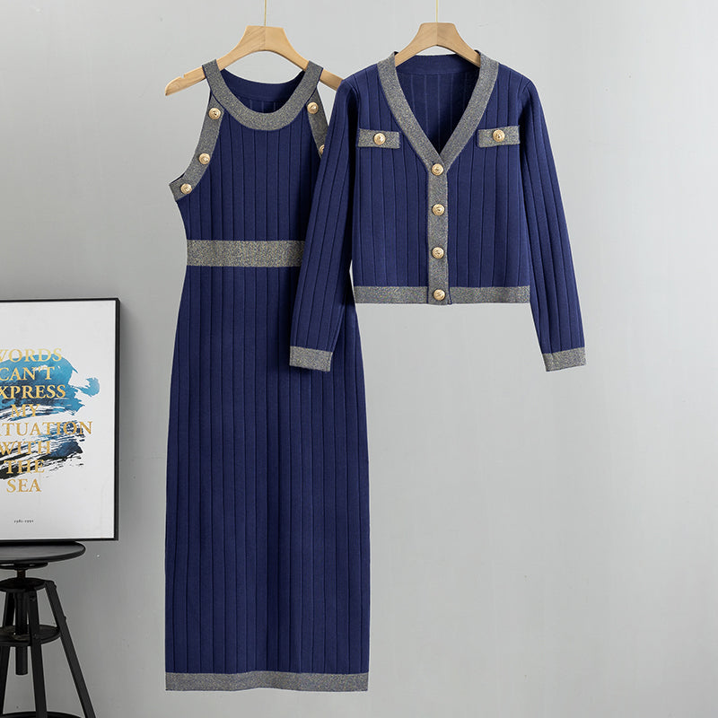 Damen-Strickset, 2-teilig – Kleid und Cardigan mit Kontrastdetails