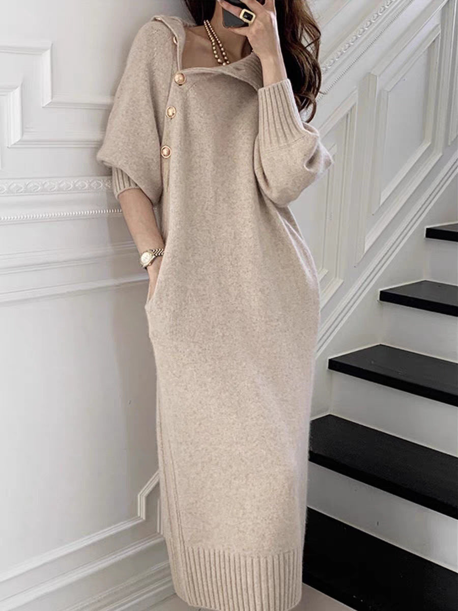 Damen-Strickkleid mit Stehkragen, Knöpfen und Bindegürtel