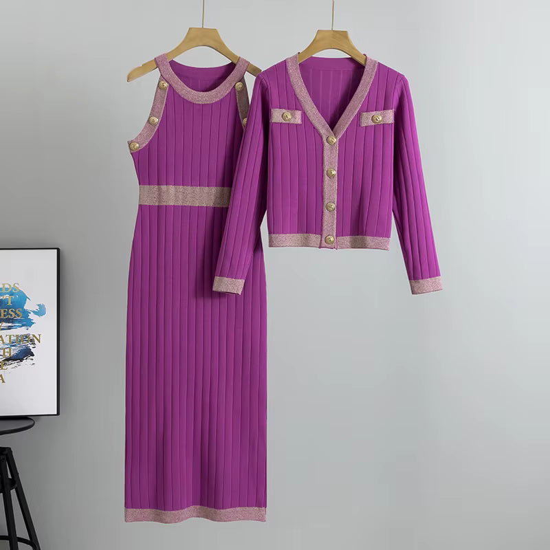 Damen-Strickset, 2-teilig – Kleid und Cardigan mit Kontrastdetails