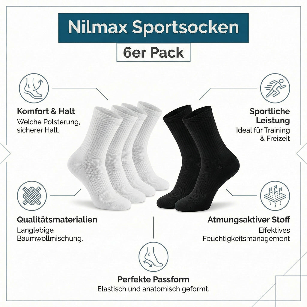 Nilmax Tennis Socken 6er Pack – Atmungsaktive Baumwollsocken für Sport & Alltag – Größe 38–42 – Damen & Herren