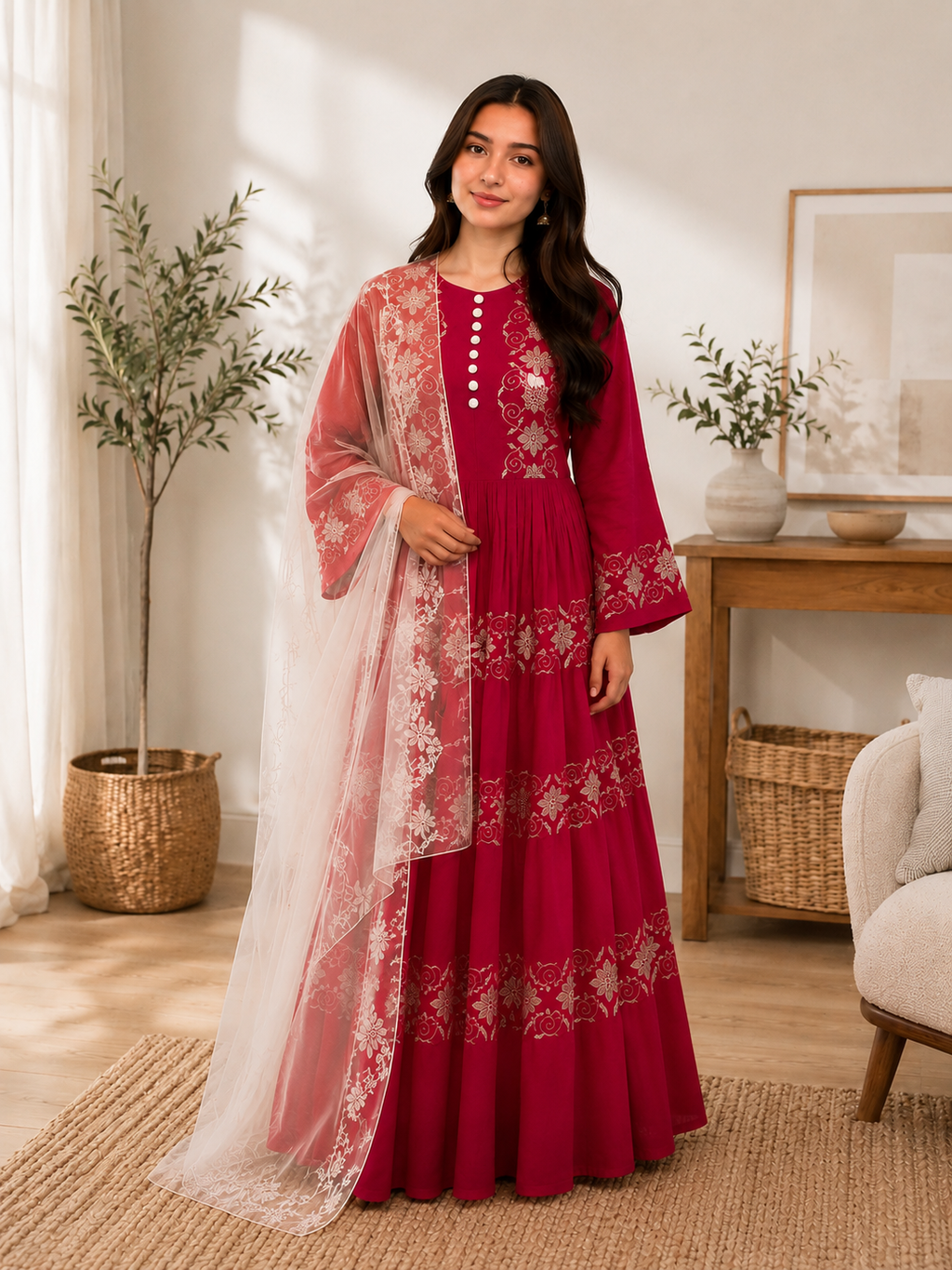 Afghanisches Khamak Kleid für Damen – Besticktes Maxi Kleid mit Chiffon-Schal, Elegante Khamak-Stickerei, Langarm
