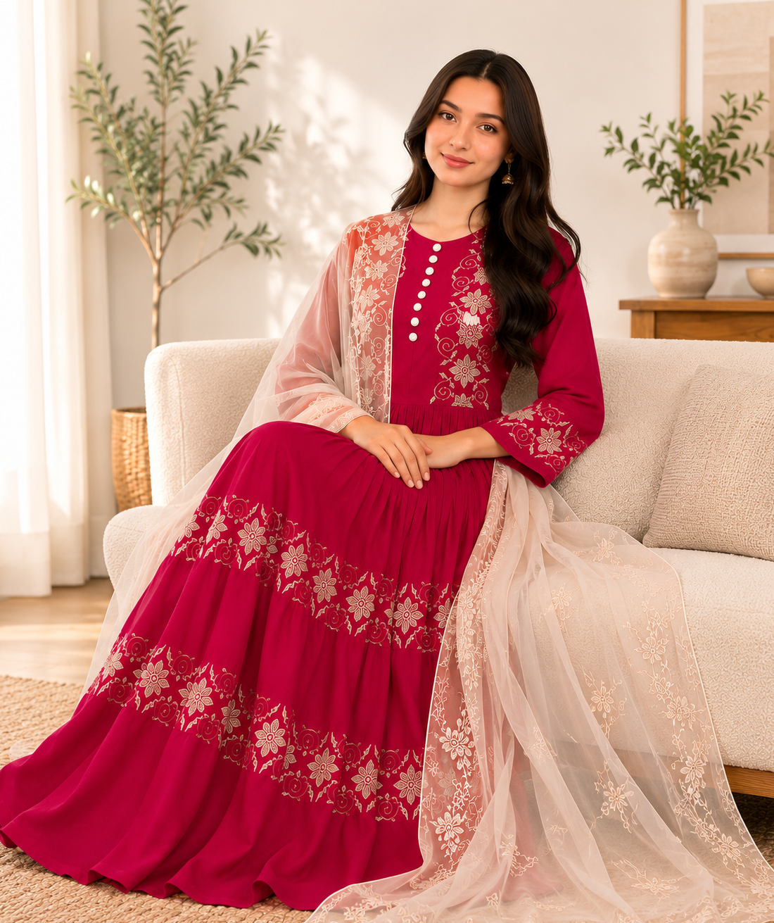 Afghanisches Khamak Kleid für Damen – Besticktes Maxi Kleid mit Chiffon-Schal, Elegante Khamak-Stickerei, Langarm