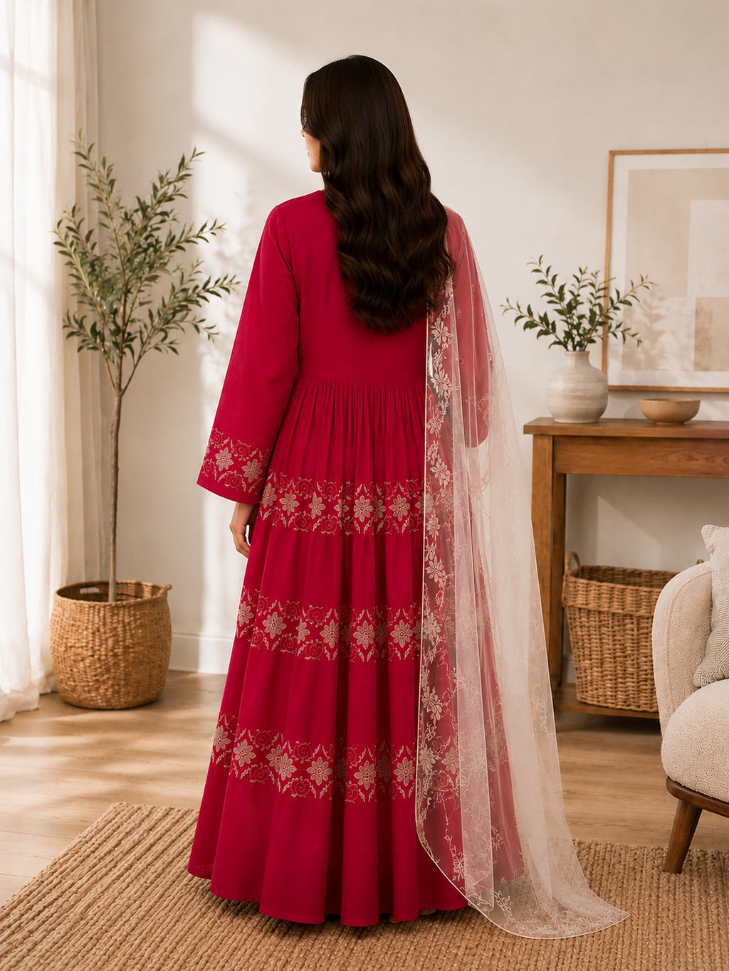 Afghanisches Khamak Kleid für Damen – Besticktes Maxi Kleid mit Chiffon-Schal, Elegante Khamak-Stickerei, Langarm